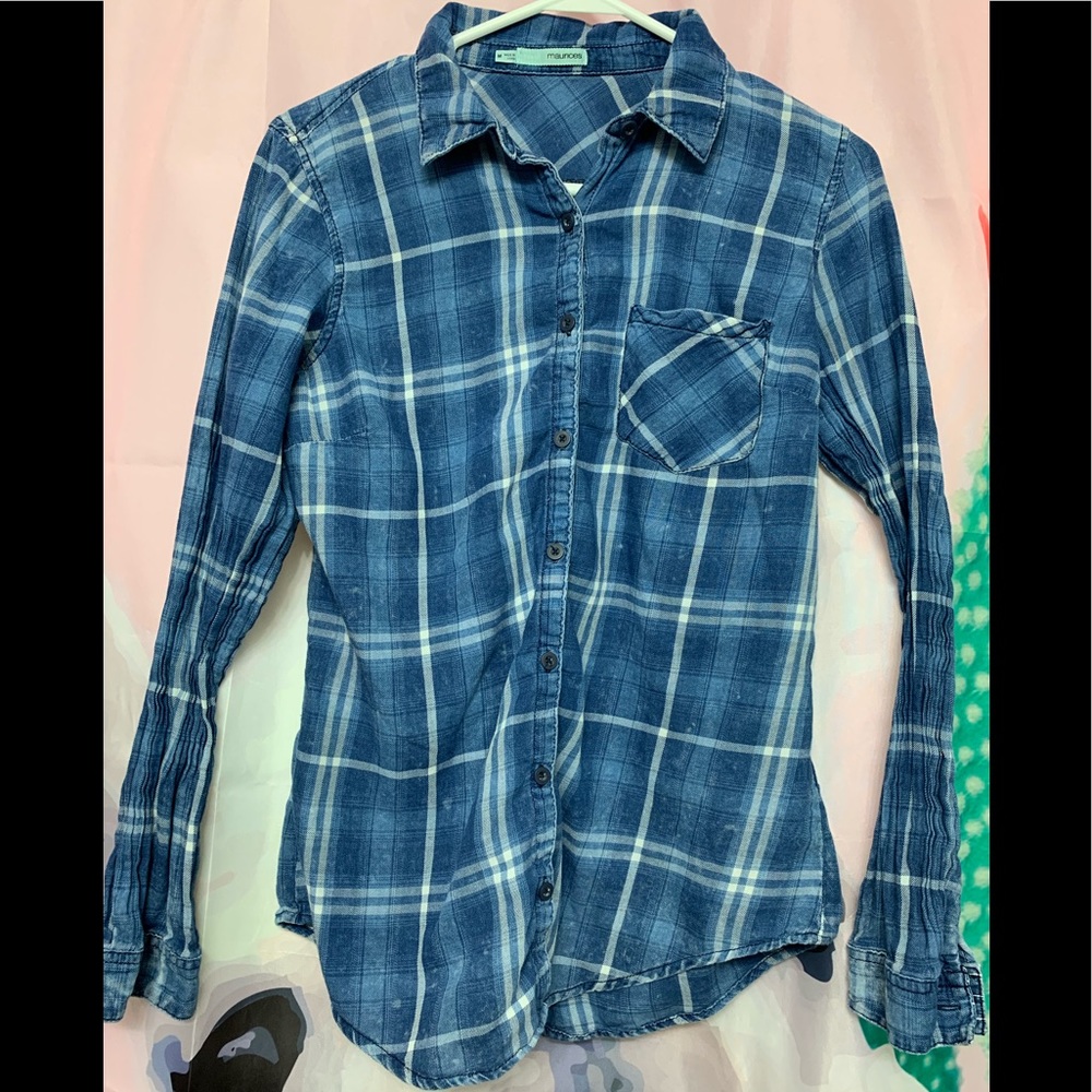 Blue plaid button down shirt.